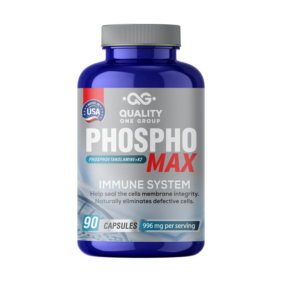 Phosphomax bottle with pour cap showing easy daily use for immune support.