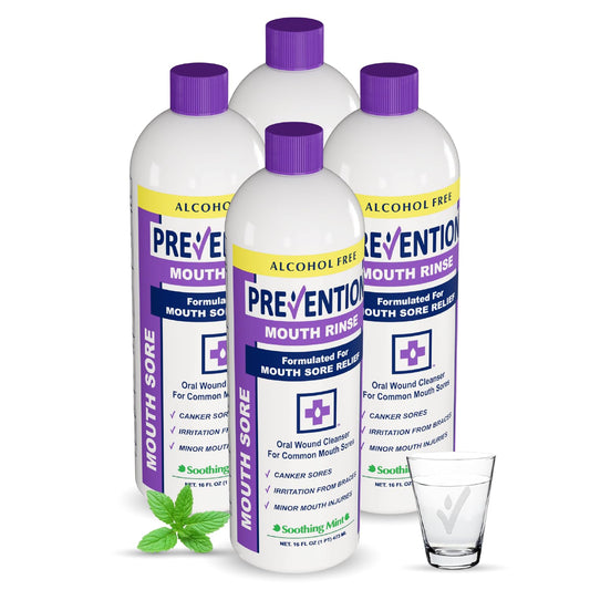 PHS Brands Prevention Mouth Sore Rinse bottle front for calming mint relief