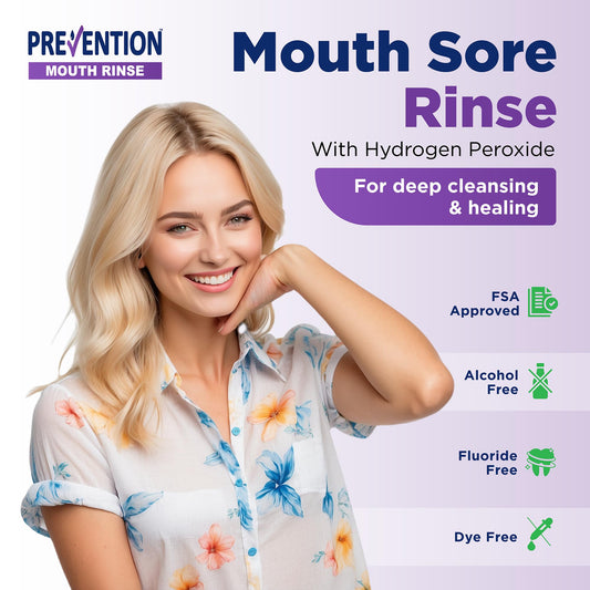 PHS Prevention Mouth Sore Rinse 4 pack packaging highlighting alcohol-free formula
