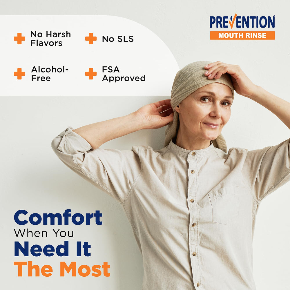 PHS Brands Prevention Oncology Mouthwash bottle pour demonstrates easy daily use during treatment