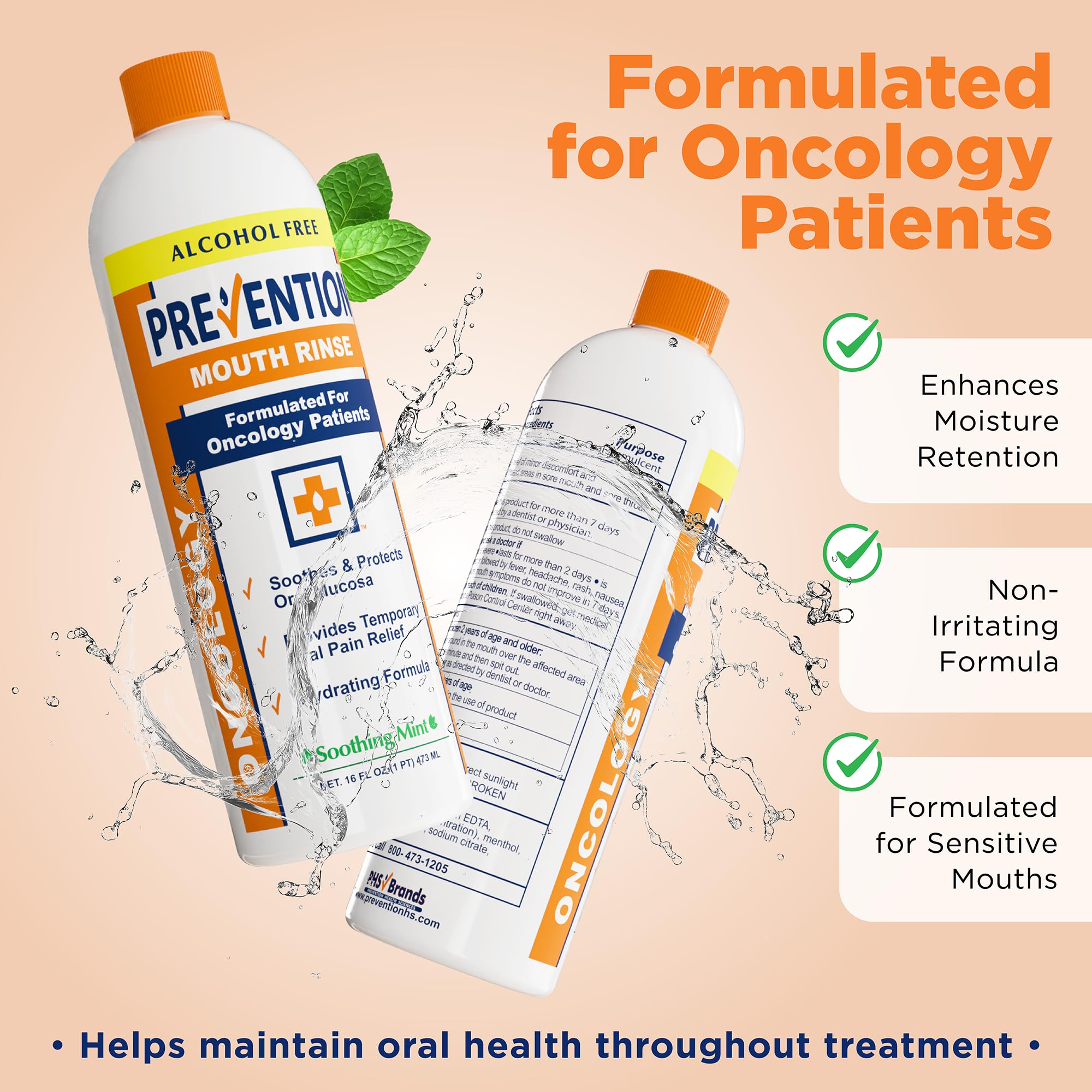PHS Brands Prevention Oncology Mouthwash label closeup highlights fluoride-free, color-free soothing ingredients