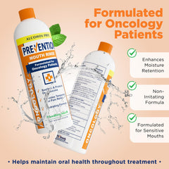 PHS Brands Prevention Oncology Mouthwash label closeup highlights fluoride-free, color-free soothing ingredients