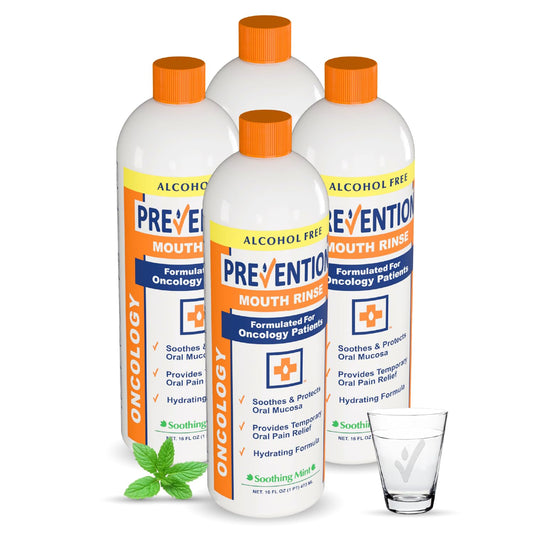 PHS Prevention Oncology Mouthwash bottle closeup showing alcohol-free formula for sensitive mouths.