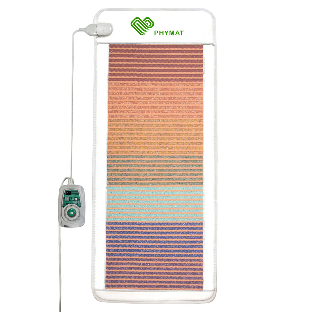PHYMAT far infrared heating pad shown on a bed for full-body warmth