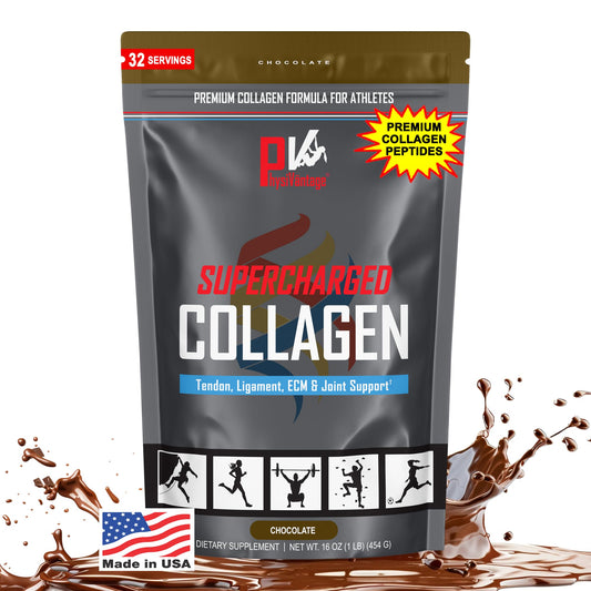 PhysiVantage Supercharged Collagen Peptides Powder chocolate in resealable pouch for convenient daily use and joint support potential
