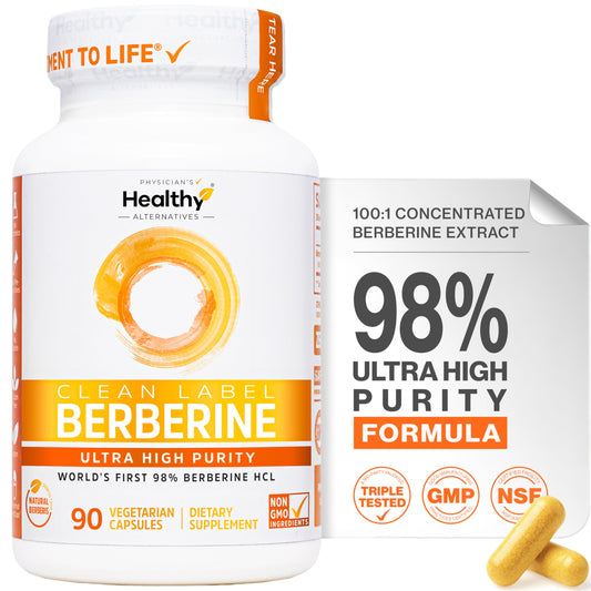 Physician's Healthy Alternatives Clean Label Berberine bottle close-up highlights potency
