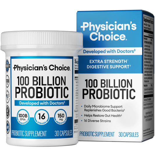 Physician's CHOICE 100 Billion Probiotic bottle promotes daily gut balance.