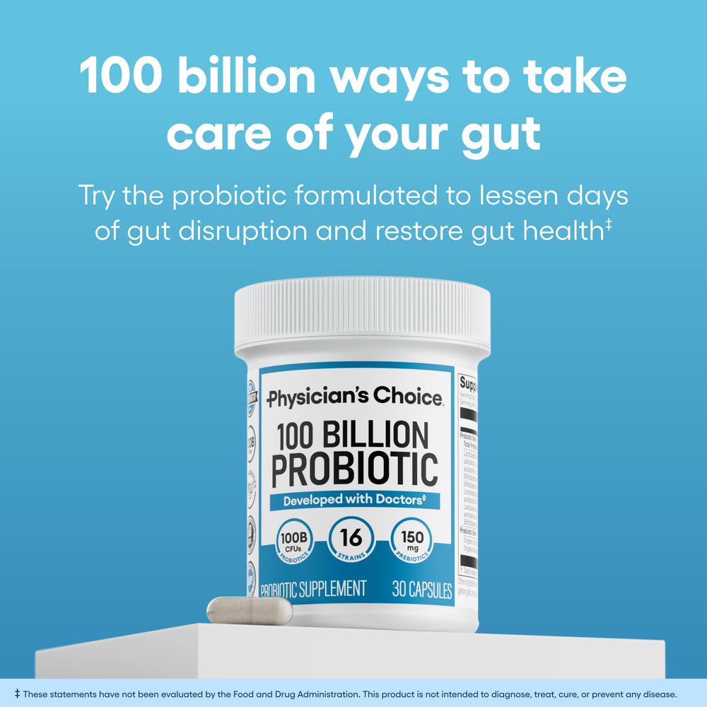 Physician's CHOICE 16 strains label highlights diverse probiotic blend for digestion.