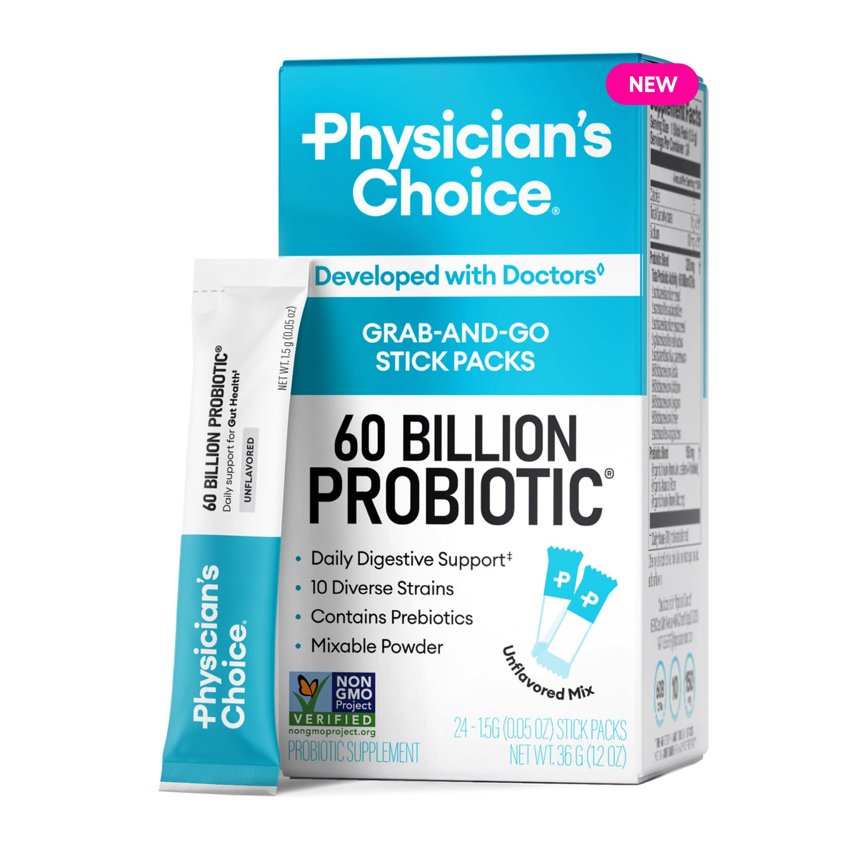 Physician's CHOICE 60B probiotic sticks box for on the go digestive support