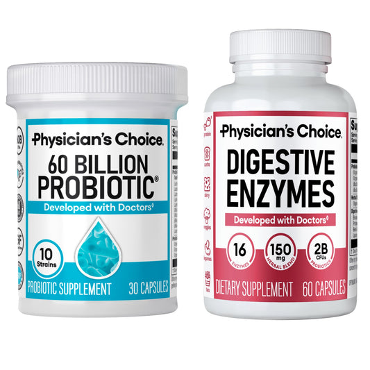 Physician's CHOICE probiotic bottle pour supports balanced gut health.