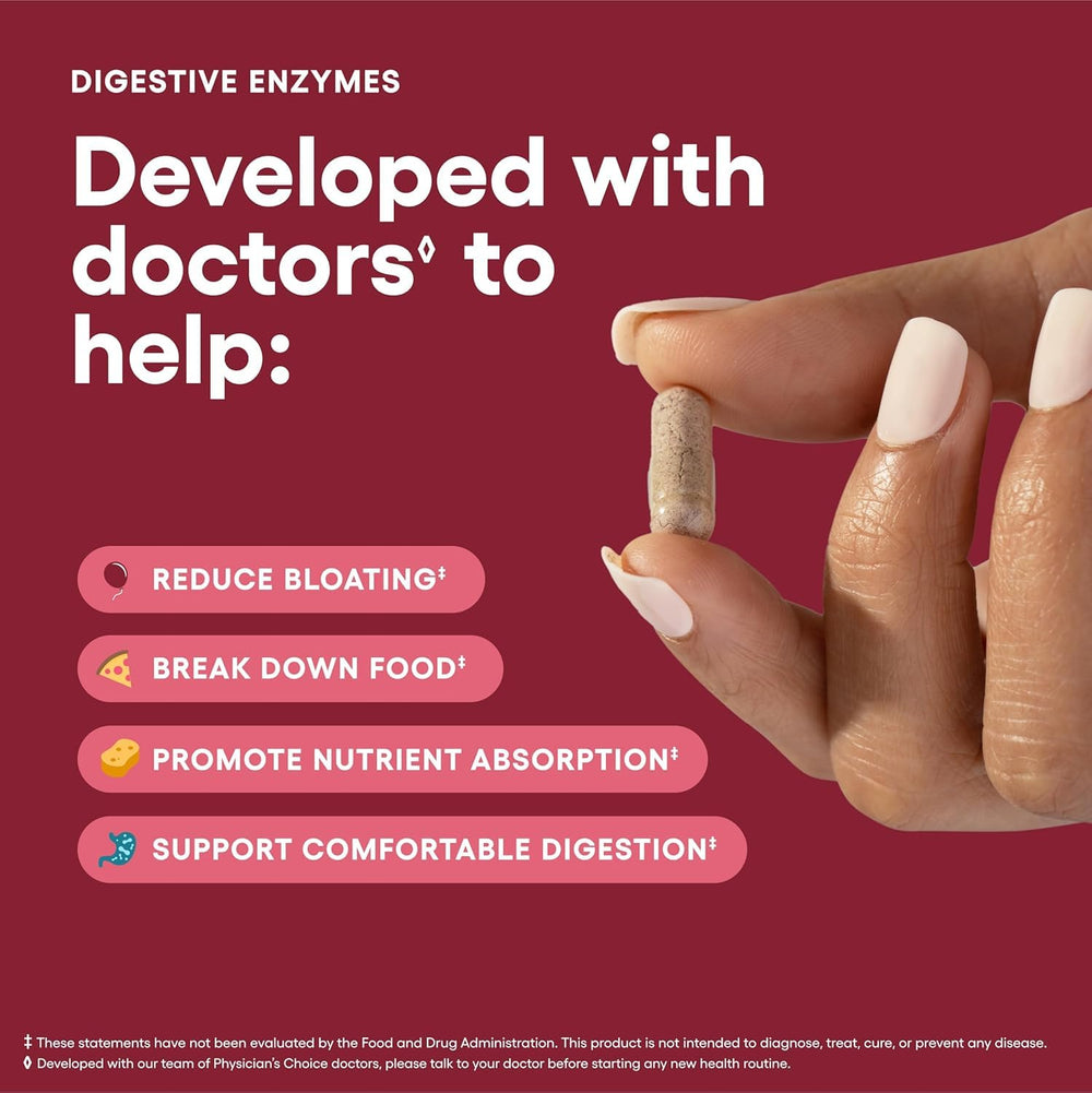 Physician's CHOICE label shows probiotic strains and enzymes.