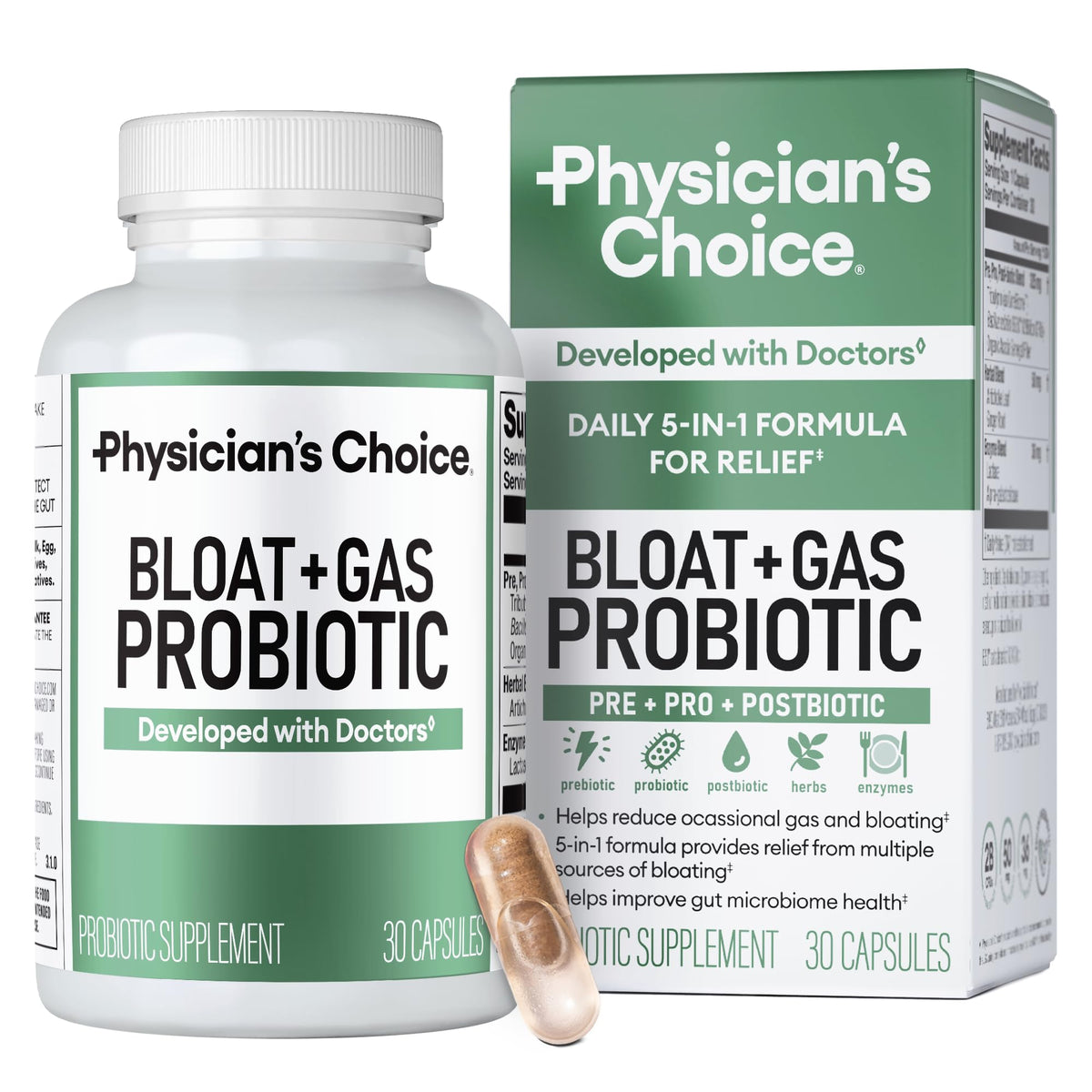 Physician's CHOICE bottle shows a 5-in-1 probiotic blend for daily gut support.