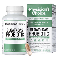 Physician's CHOICE bottle shows a 5-in-1 probiotic blend for daily gut support.