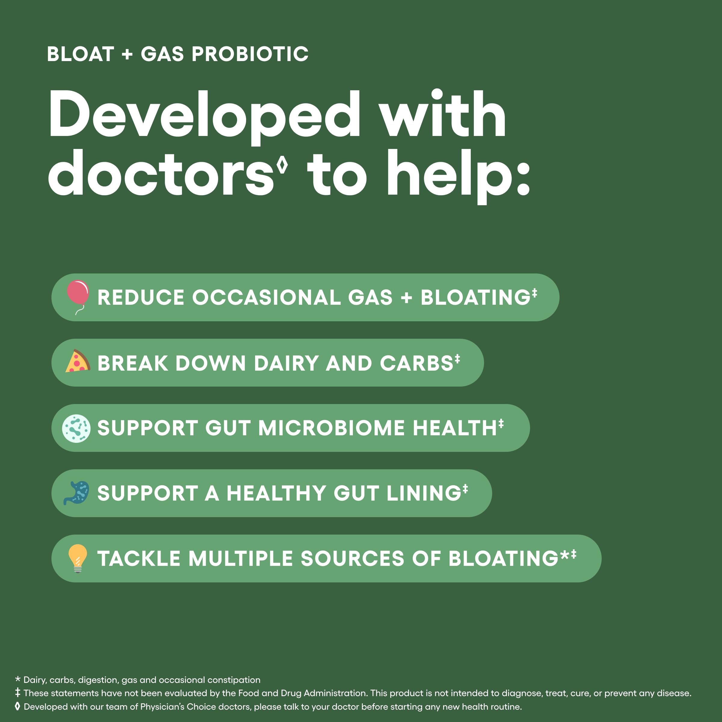Physician's CHOICE capsule close-up emphasizes postbiotic core and gut-friendly action.
