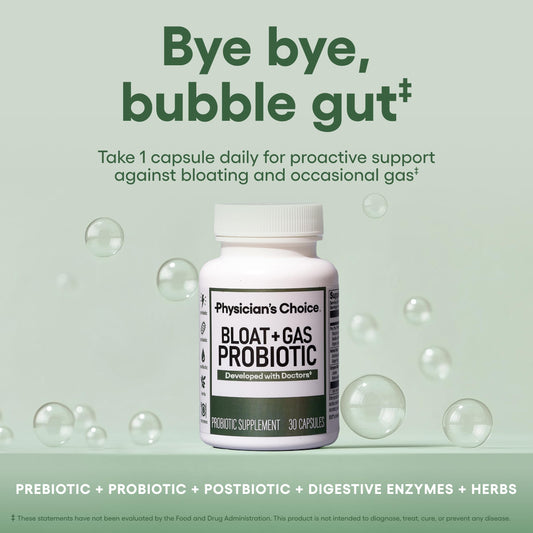 Physician's CHOICE probiotic capsule image highlights delayed-release design for targeted release.