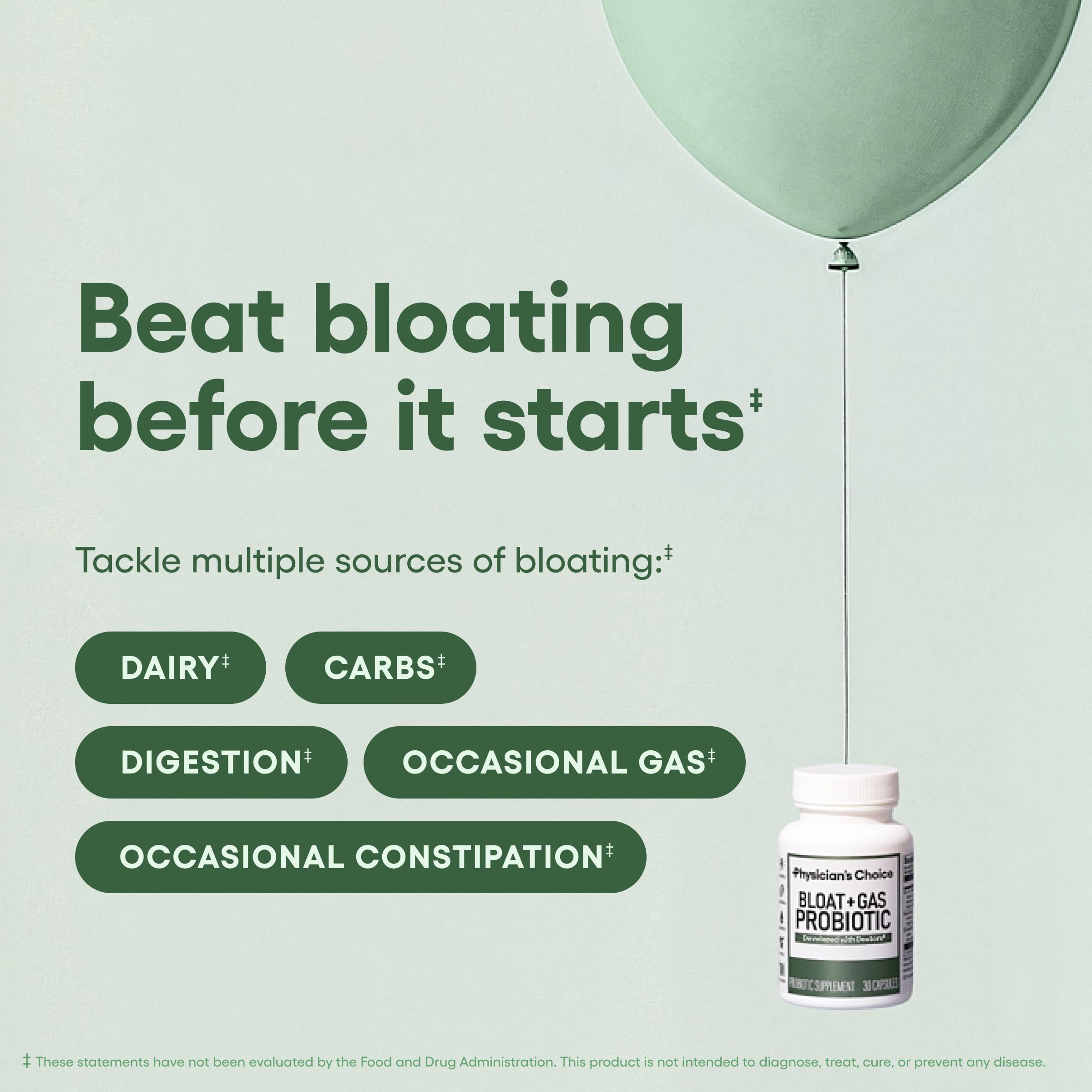 Physician's CHOICE herbal blend image suggests natural support for gas from common triggers.