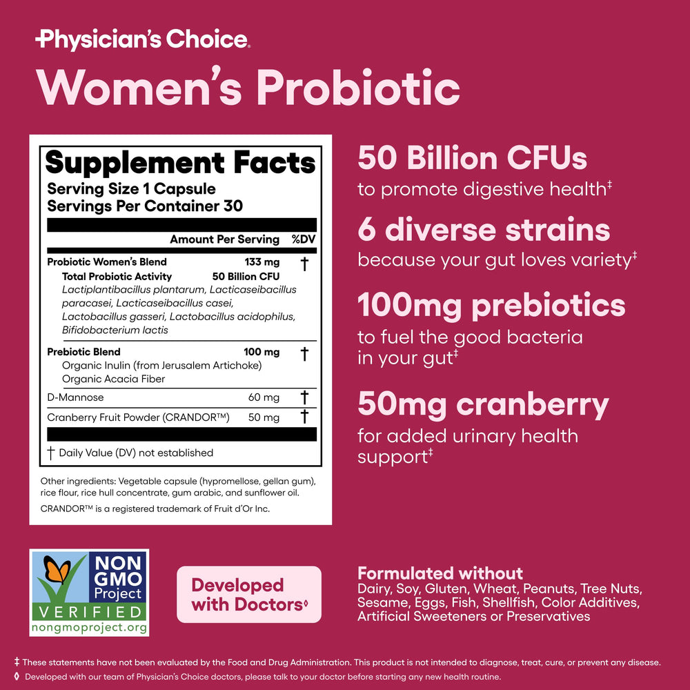 Physician's CHOICE capsule close-up communicates quality and targeted strains.
