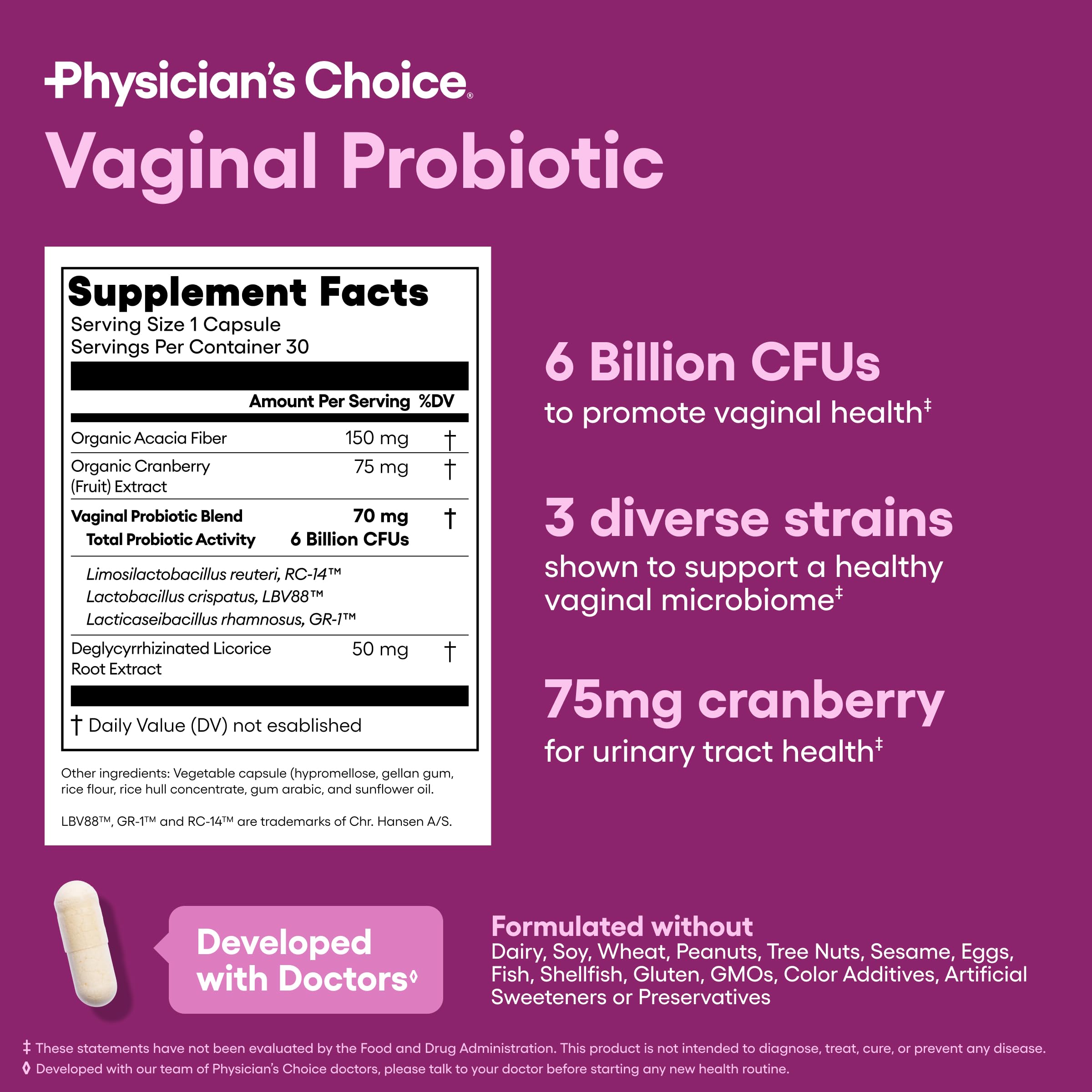 Physician's CHOICE cranberry and prebiotic icons illustrate 3-in-1 feminine wellness.