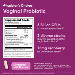 Physician's CHOICE cranberry and prebiotic icons illustrate 3-in-1 feminine wellness.