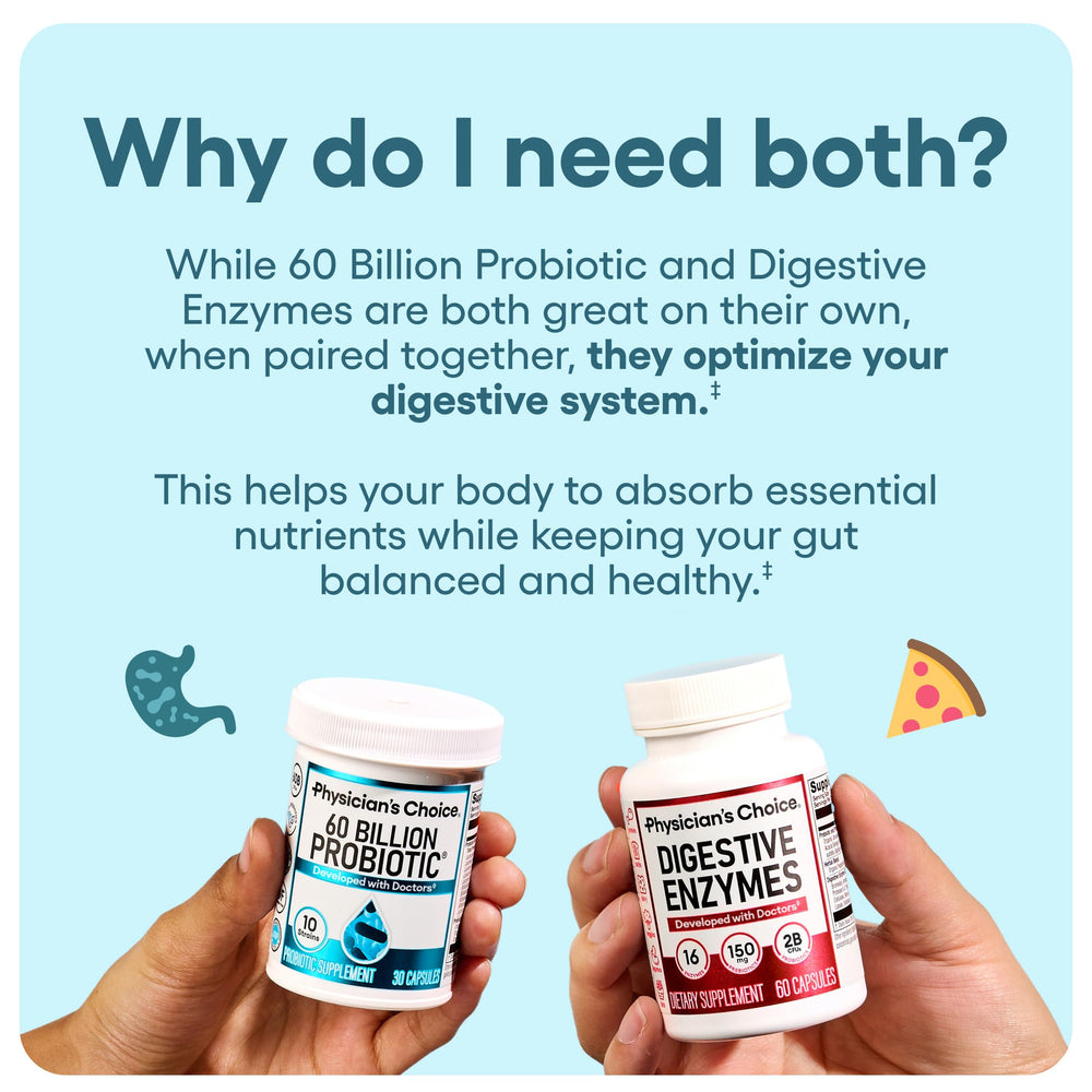 Physician's CHOICE digestive enzymes packaging front signals convenient digestive support.