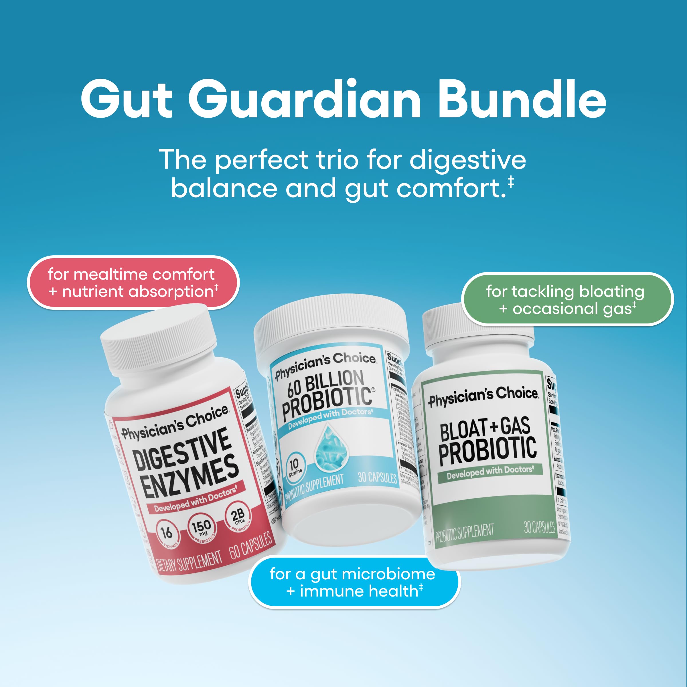 Physician's CHOICE Gut Guardian 60B CFUs capsules highlight probiotic potency.