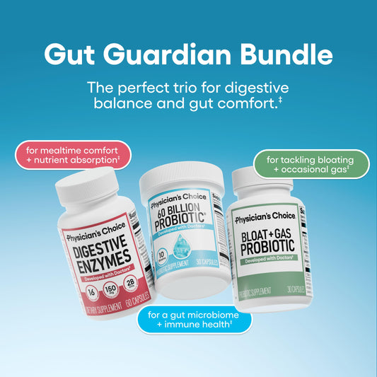 Physician's CHOICE Gut Guardian 60B CFUs capsules highlight probiotic potency.