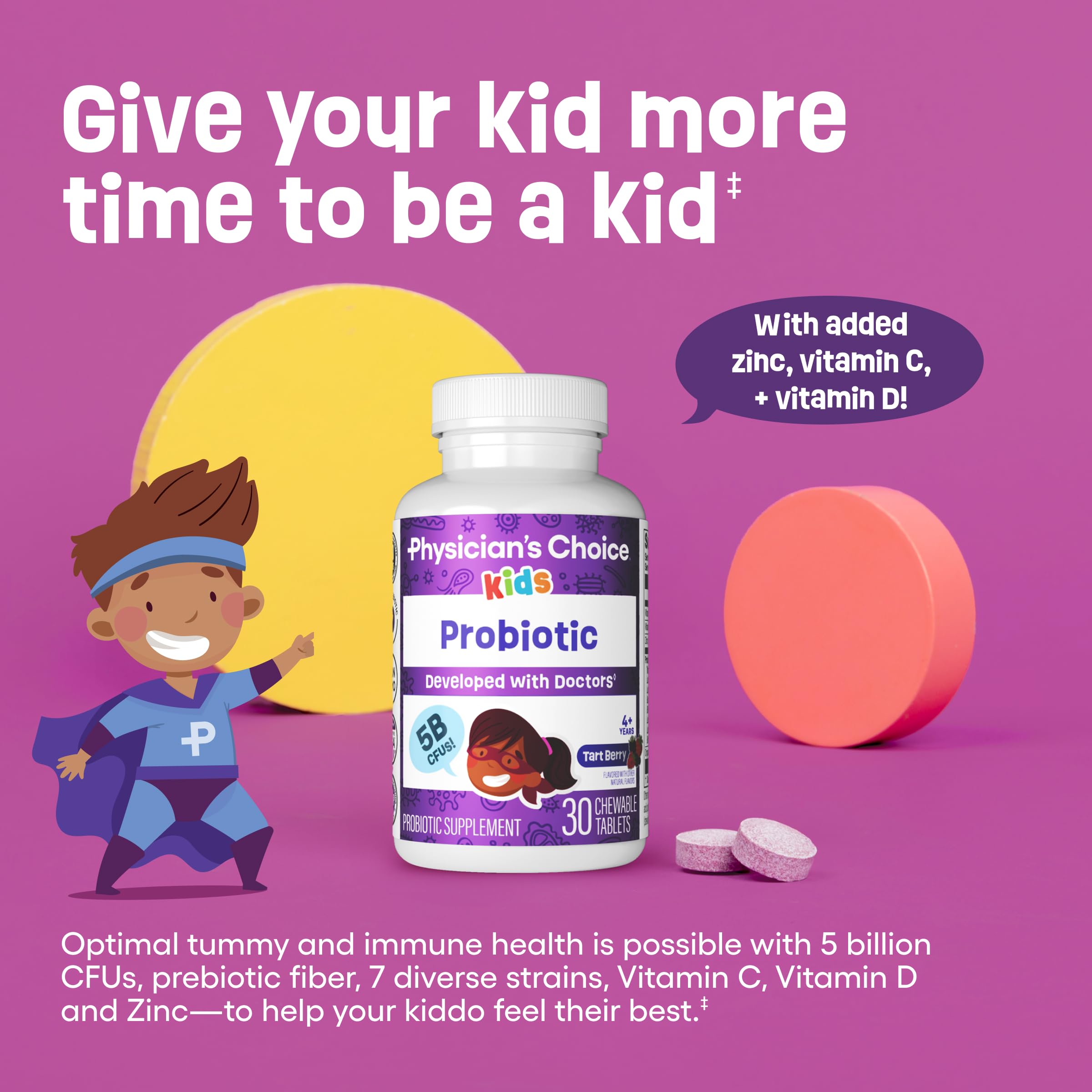 Physician's CHOICE Kids probiotic back label highlighting 5B CFUs and 7 strains
