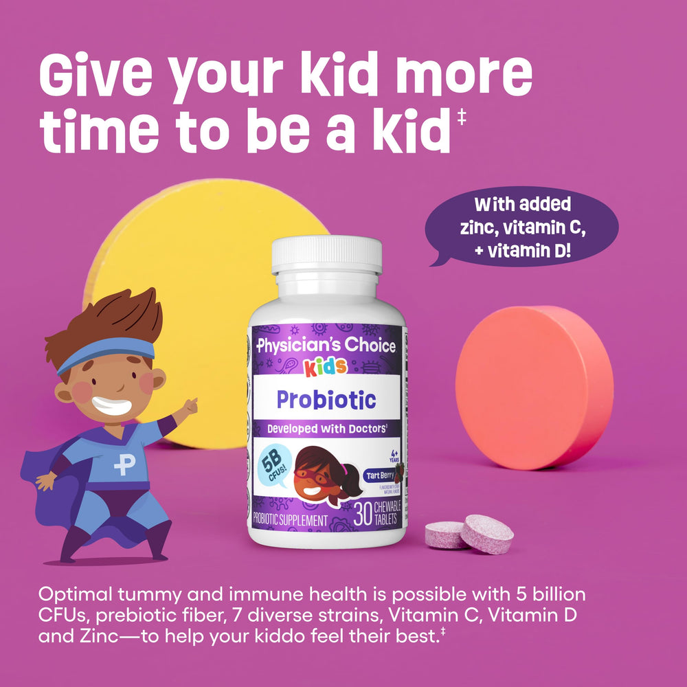 Physician's CHOICE Kids probiotic back label highlighting 5B CFUs and 7 strains