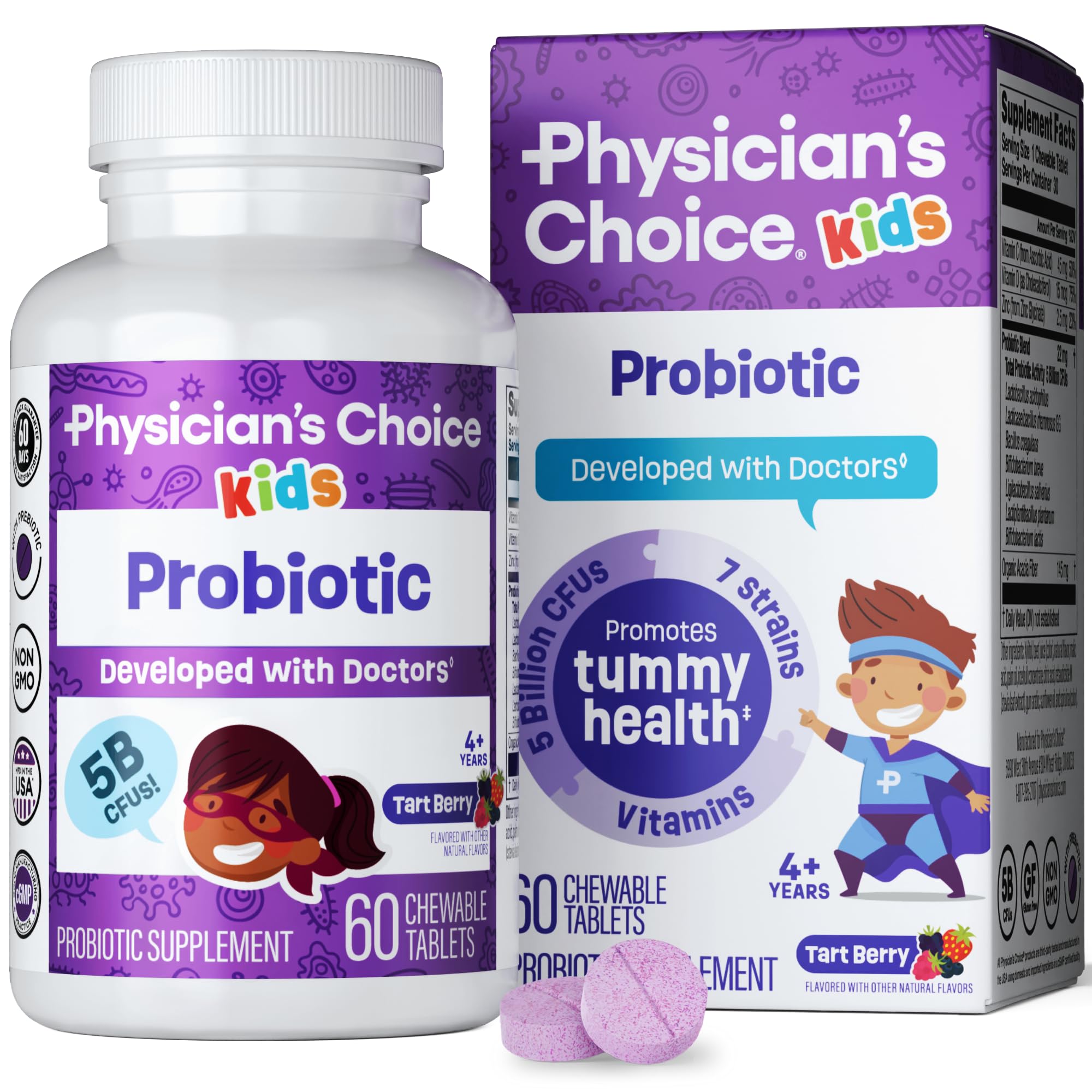 Physician's CHOICE Kids probiotic bottle front with berry chewables for daily digestive support