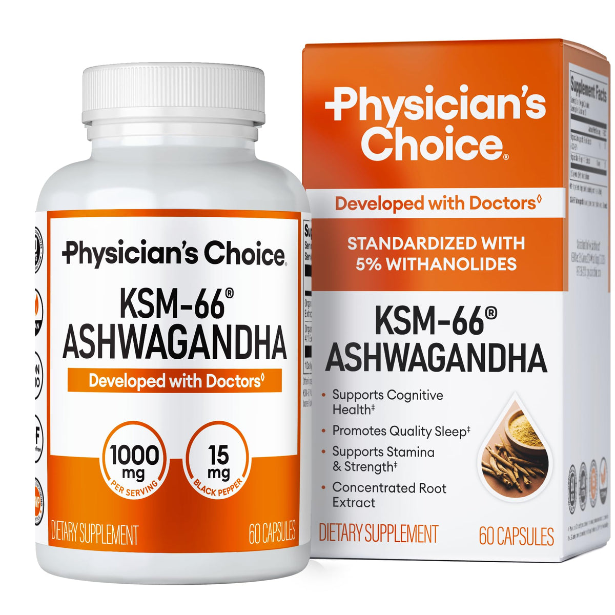 Physician's CHOICE KSM-66 Ashwagandha bottle front label highlights organic root extract for stress support.