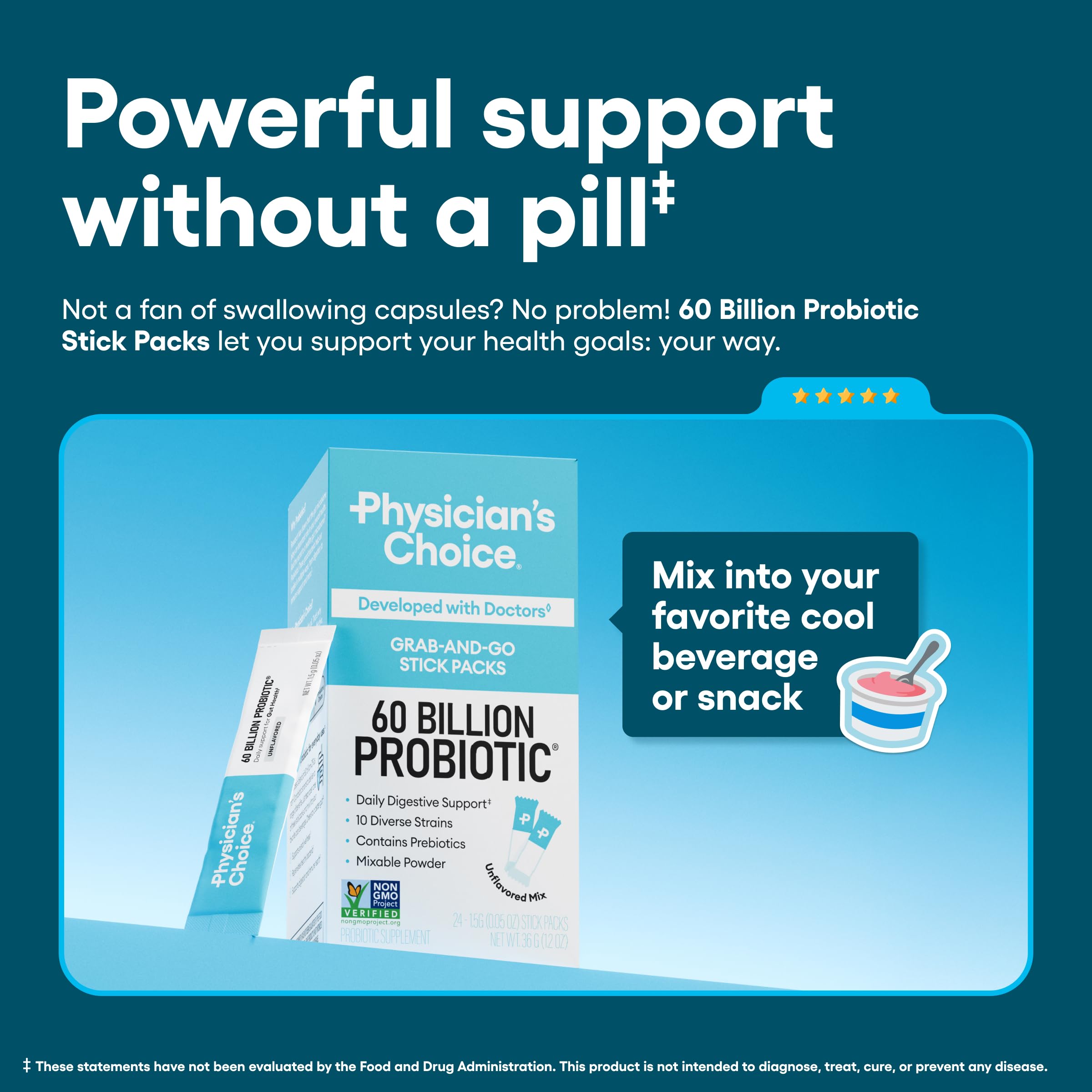 Physician's CHOICE probiotic sticks with 10 strains and prebiotics for gut balance