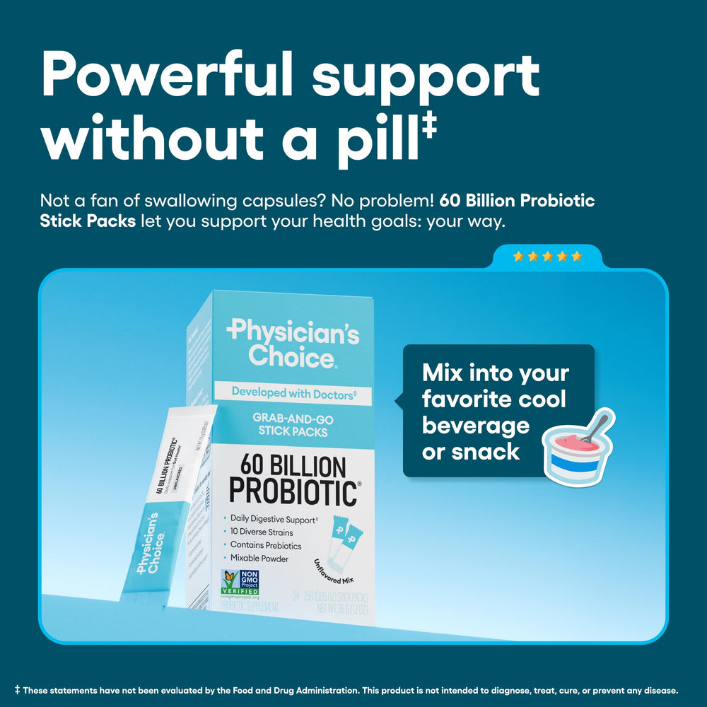 Physician's CHOICE probiotic sticks with 10 strains and prebiotics for gut balance