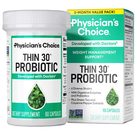 Physician's CHOICE Probiotics bottle front shows the weight management formula supporting gut balance.