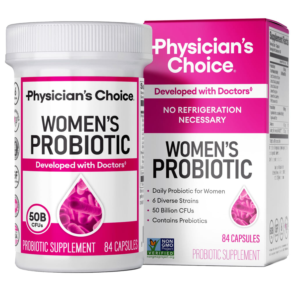 Physician's CHOICE Probiotics for Women bottle label promoting feminine health.