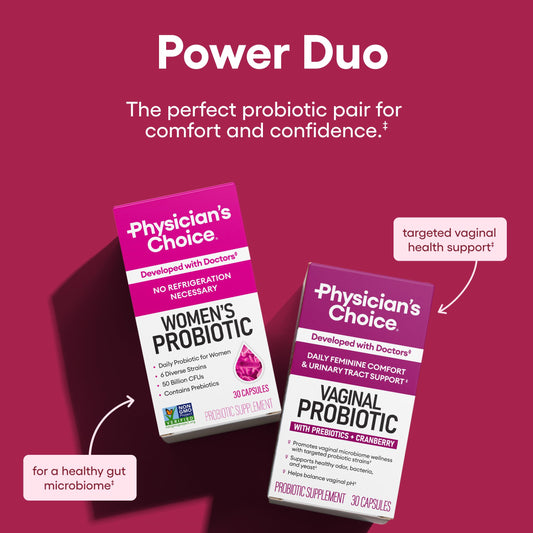 Physician's CHOICE vaginal probiotic bottle emphasizes vaginal balance and urinary comfort.