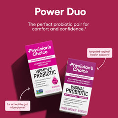 Physician's CHOICE vaginal probiotic bottle emphasizes vaginal balance and urinary comfort.