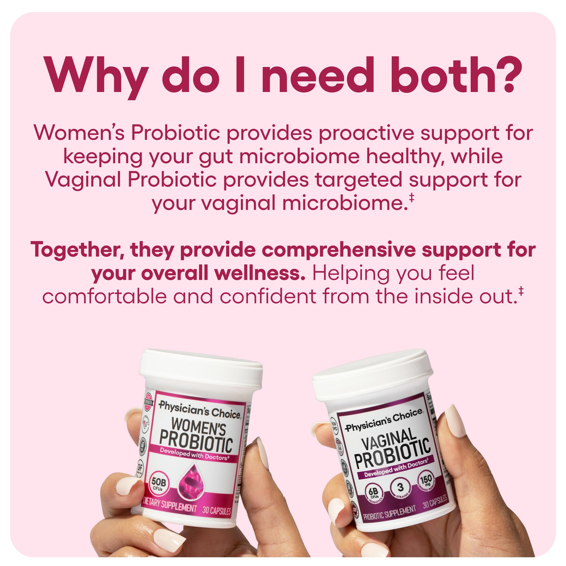 Physician's CHOICE womens probiotic bottle highlights gut health alongside urinary wellness.