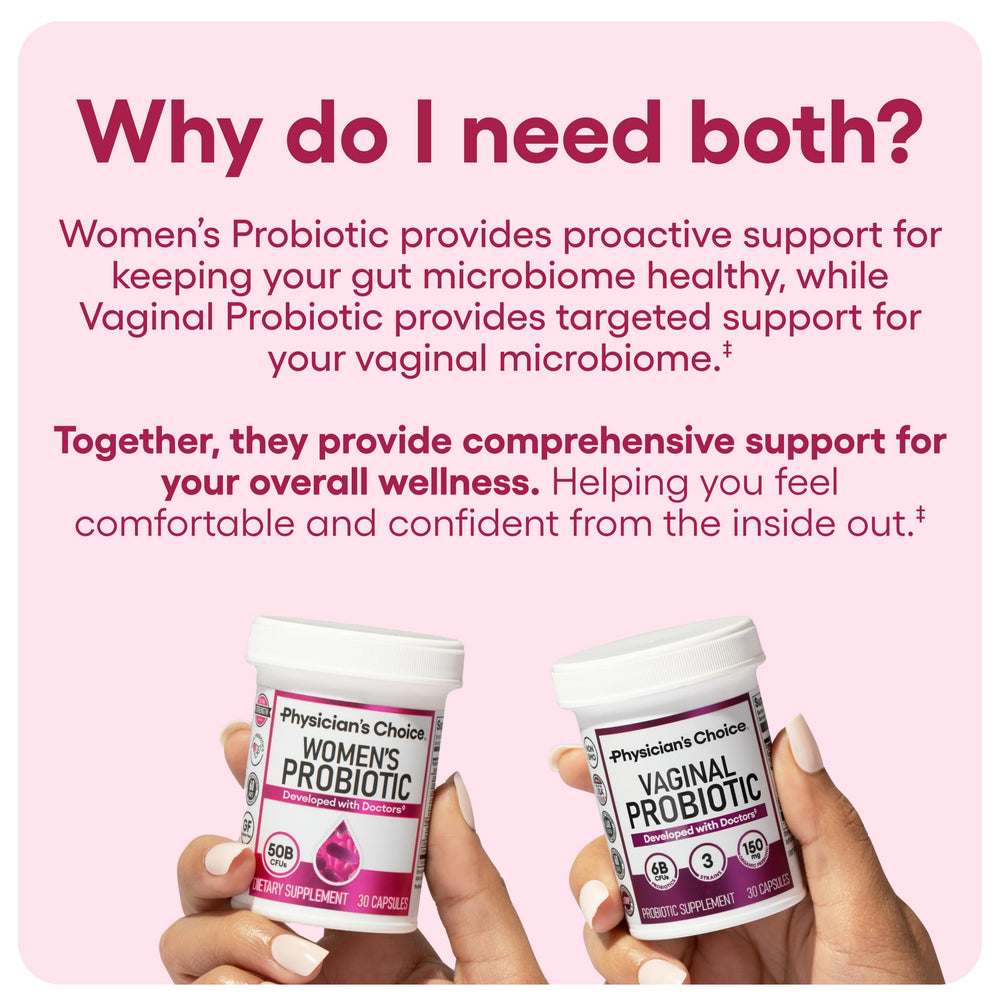 Physician's CHOICE womens probiotic bottle highlights gut health alongside urinary wellness.