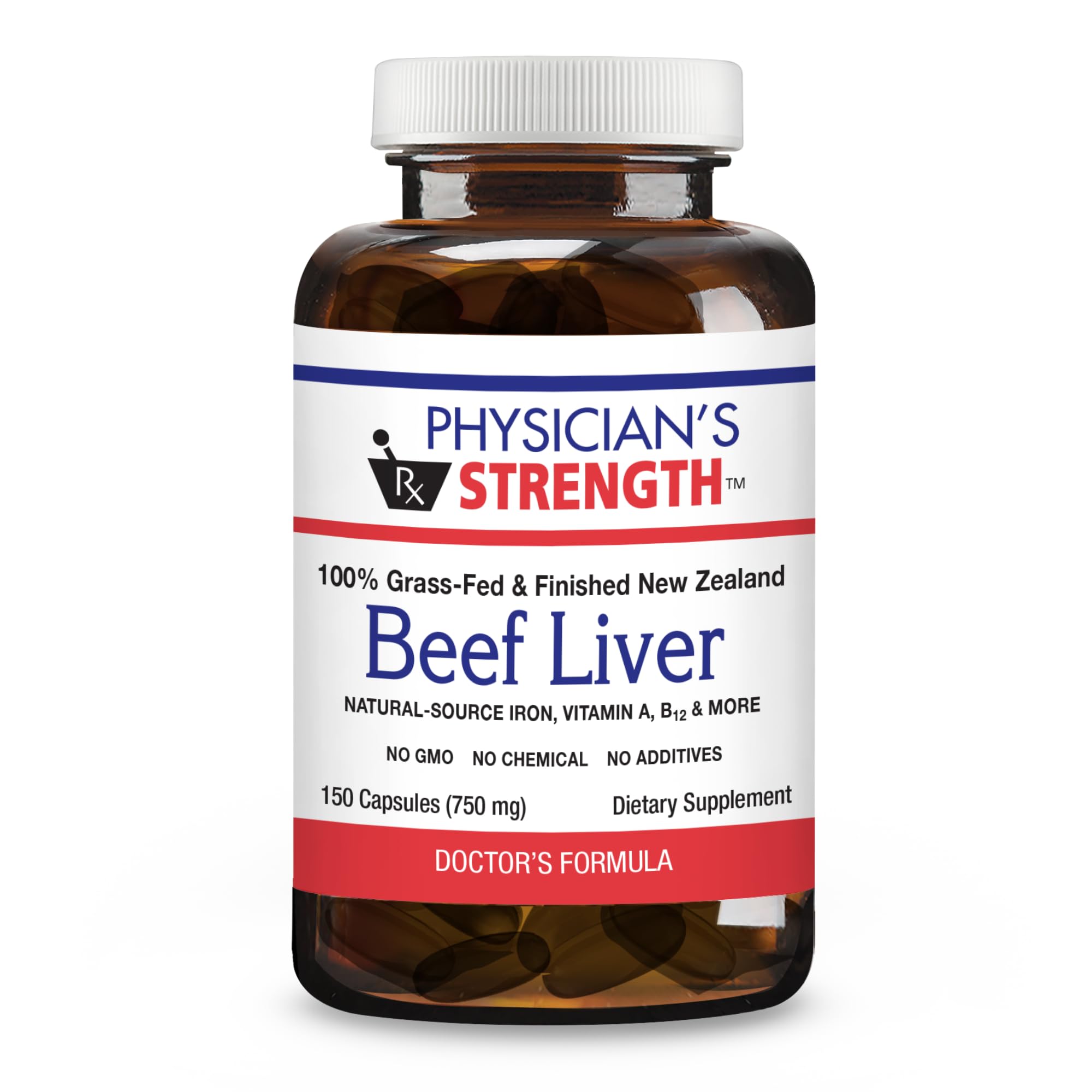 Physician's Strength beef liver bottle presents premium grass-fed capsules for balanced energy support.