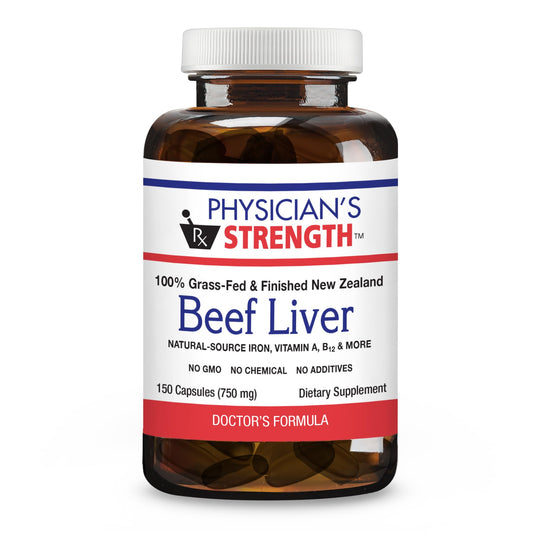 Physician's Strength beef liver bottle presents premium grass-fed capsules for balanced energy support.