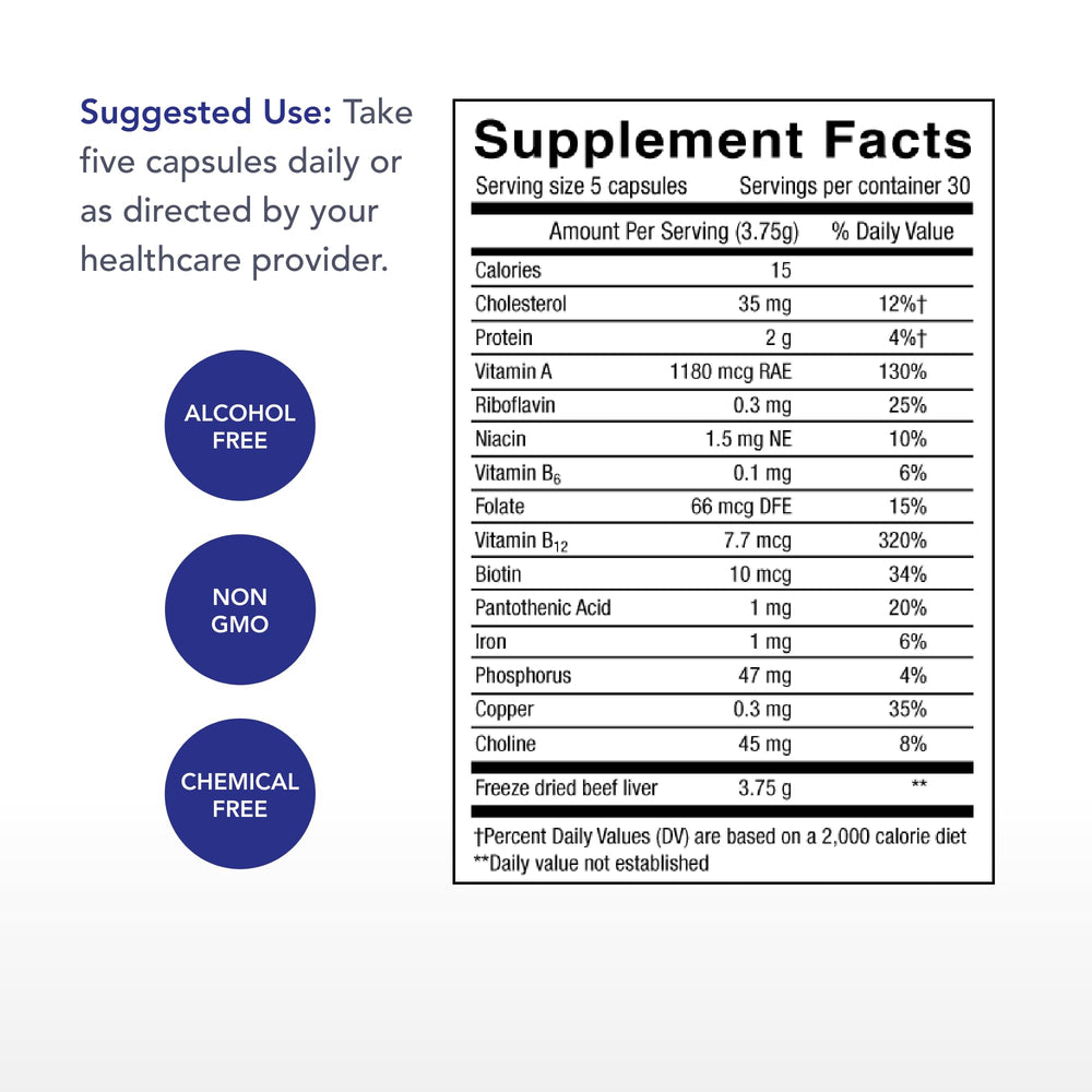 Physician's Strength beef liver capsules packaging highlights nutrient density for hair, skin, and nails.