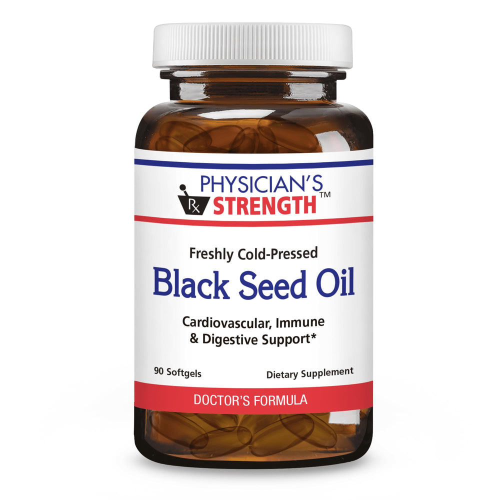 Physician's Strength Black Seed Oil Gelcaps bottle with 90 softgels, non-GMO.