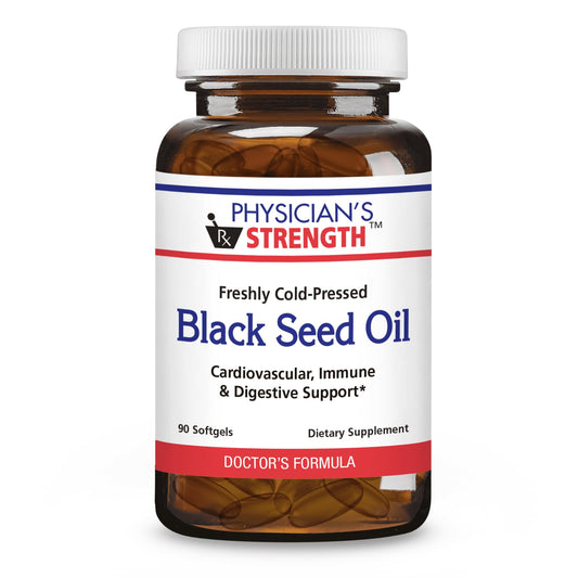 Physician's Strength Black Seed Oil Gelcaps bottle with 90 softgels, non-GMO.