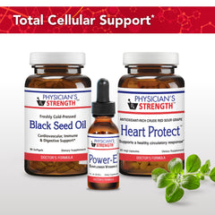 Physician's Strength bottle on kitchen counter with fresh-pressed oil information for everyday wellness.