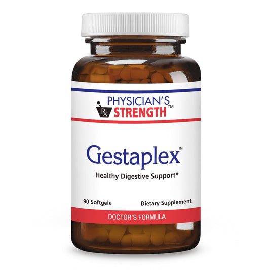 Physician's Strength Gestaplex bottle shows natural enzyme blend for digestion