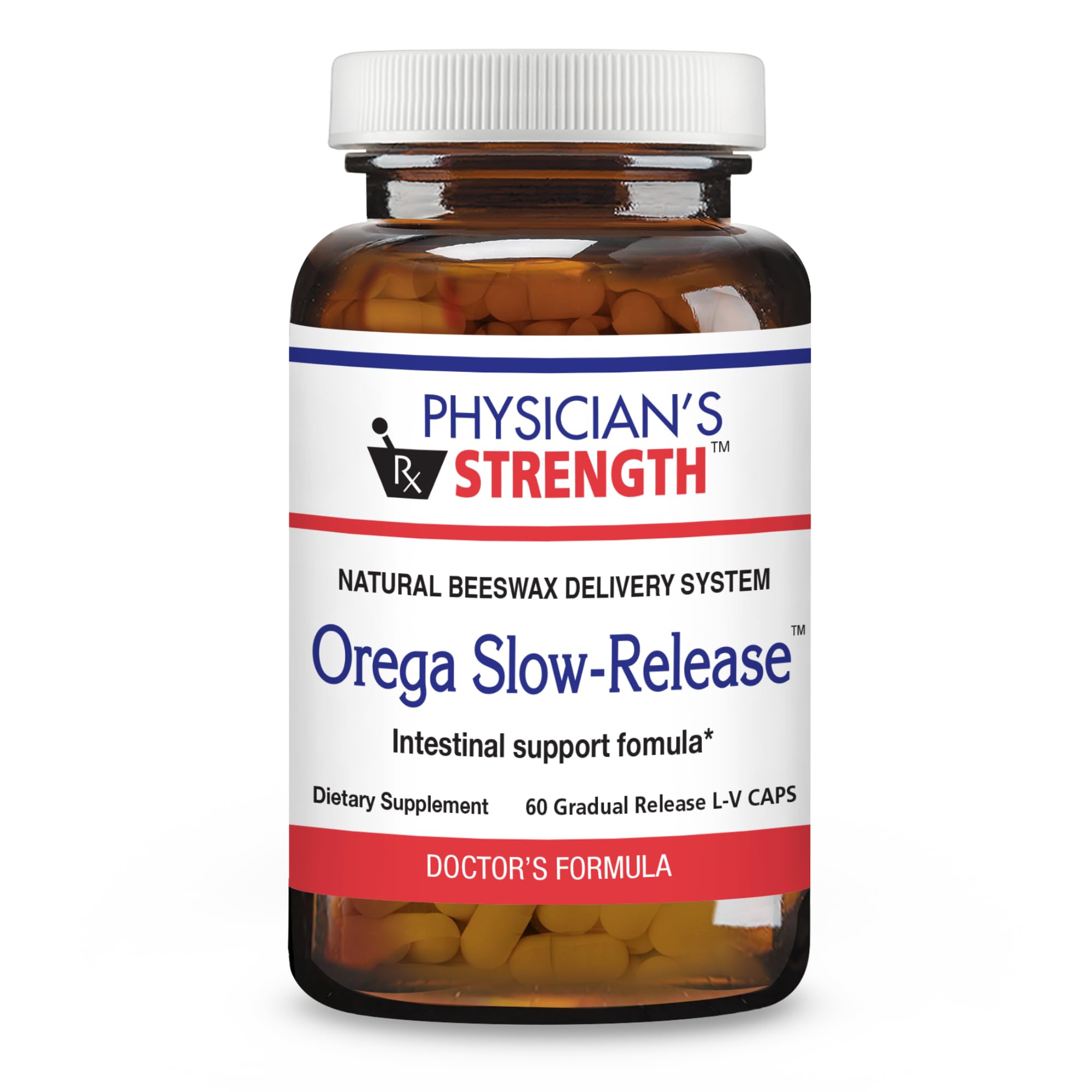 Physician's Strength Orega Slow-Release bottle with easy-to-swallow capsules for intestinal support.