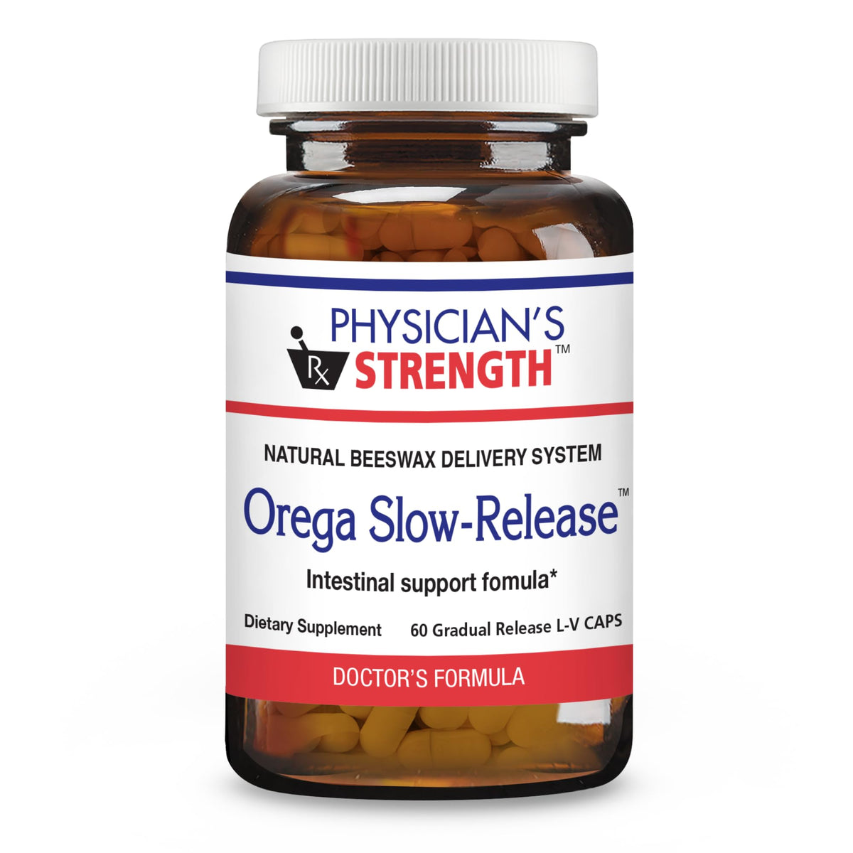 Physician's Strength Orega Slow-Release bottle with easy-to-swallow capsules for intestinal support.