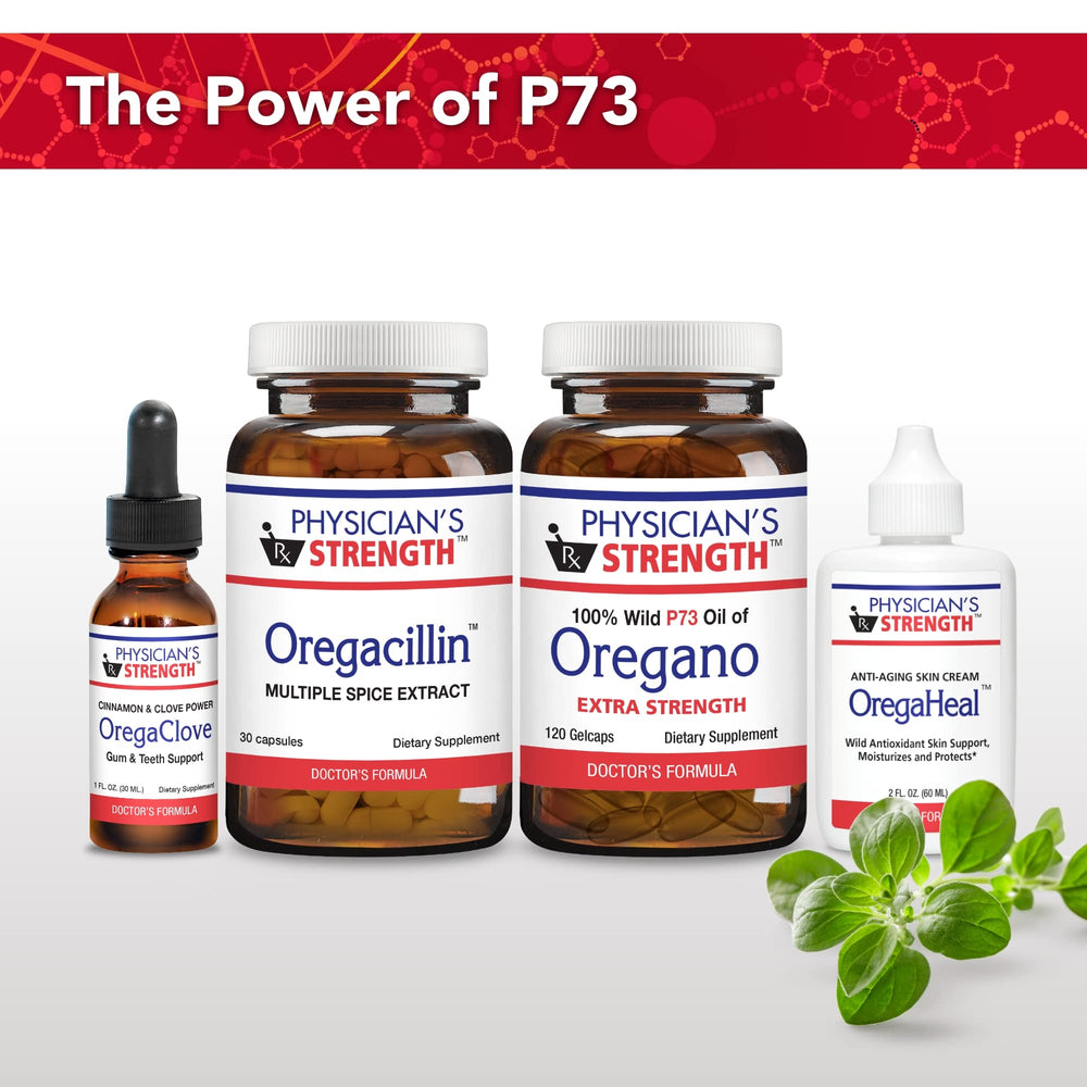 Physician's Strength Oregacillin ingredients wheel illustrating wild oregano and spice blend.