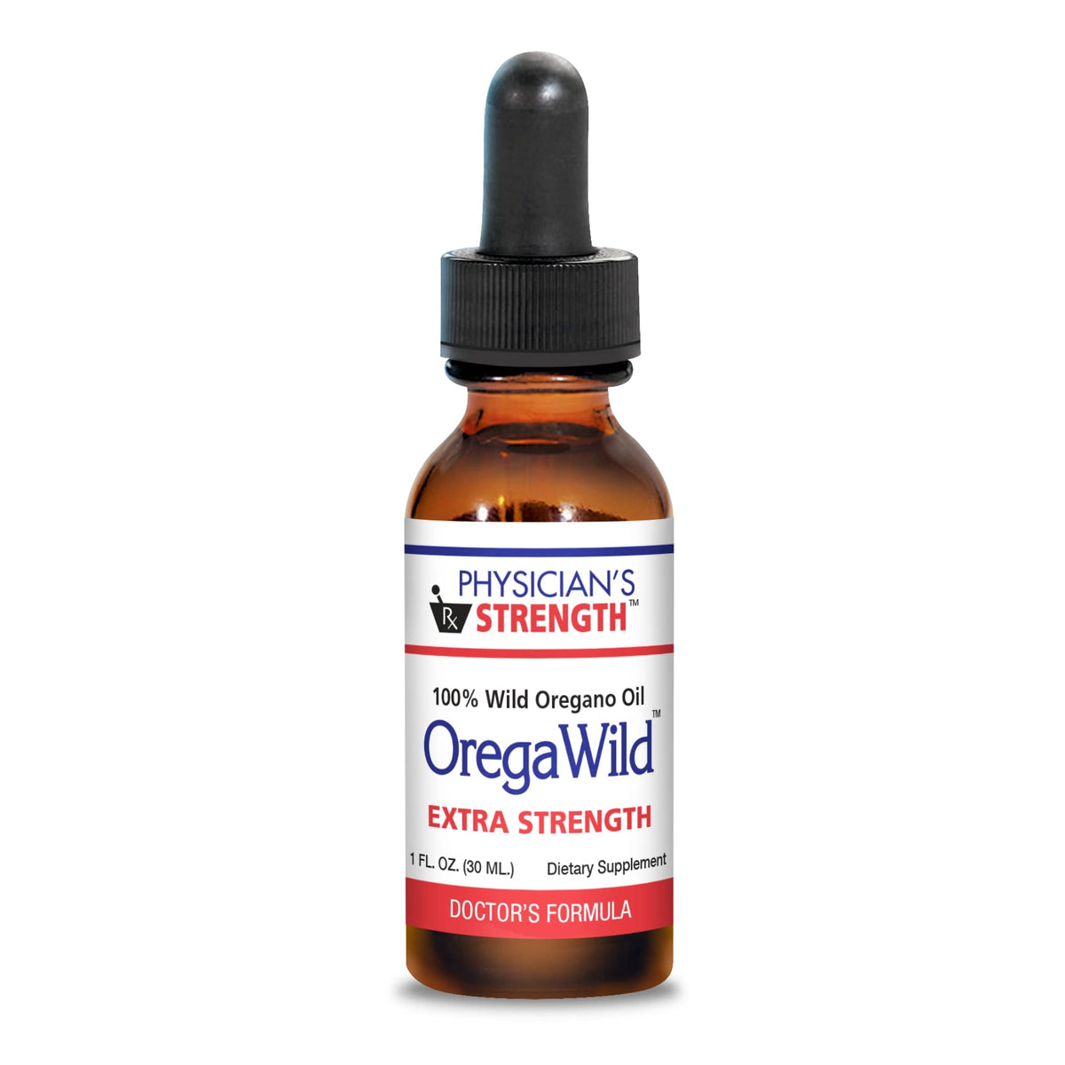 Physician's Strength OregaWild Extra Strength bottle front, showcasing pure wild oregano oil.