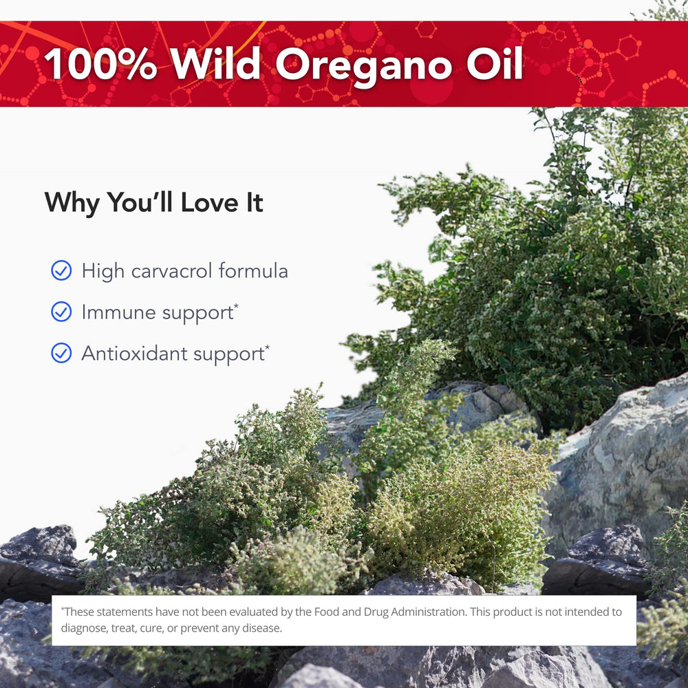 Physician's Strength OregaWild label closeup—clear ingredient details and wild oregano origin.